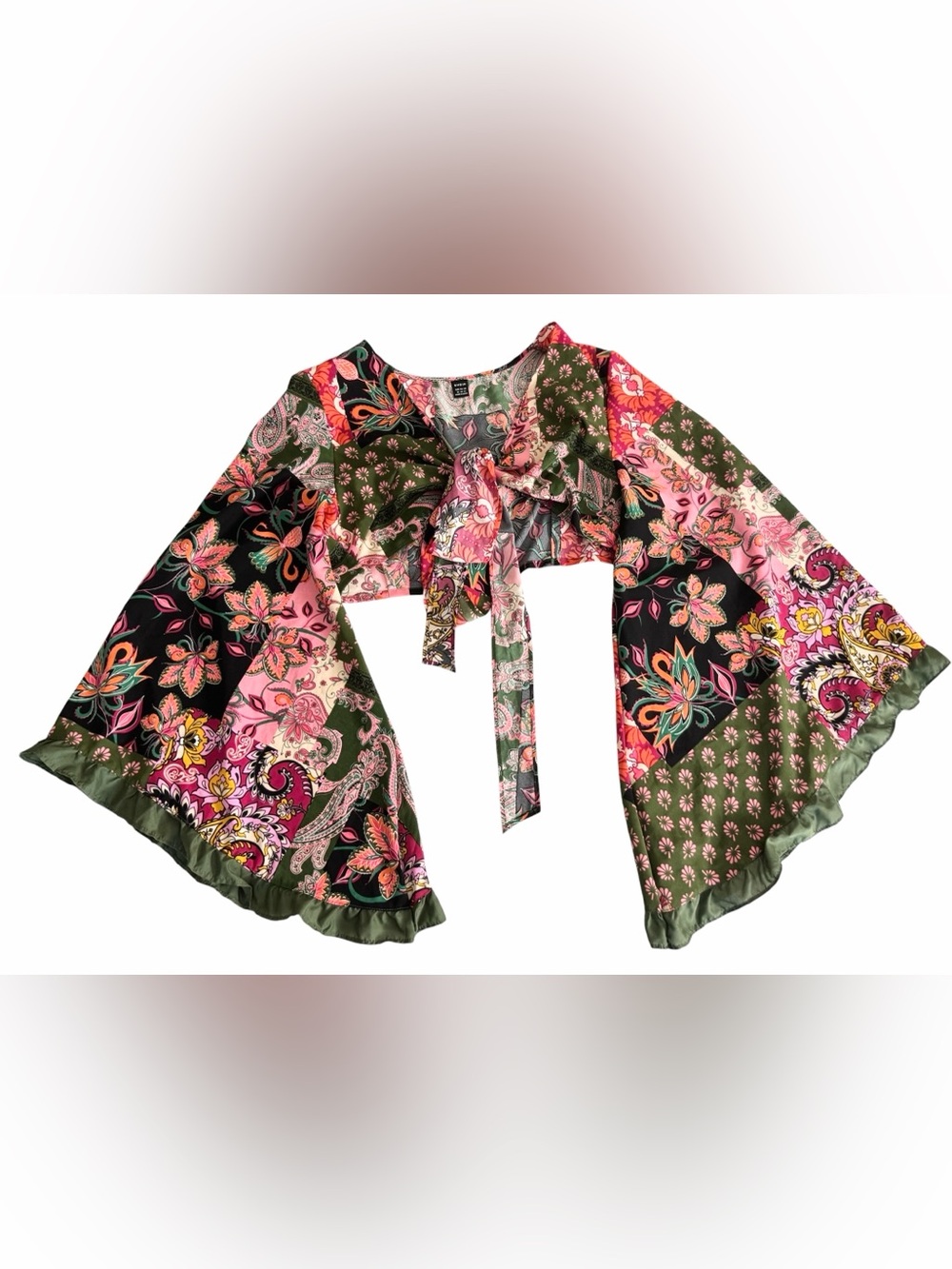 Patchwork Print Bell Sleeve Top Front Crop Blouse Size 12